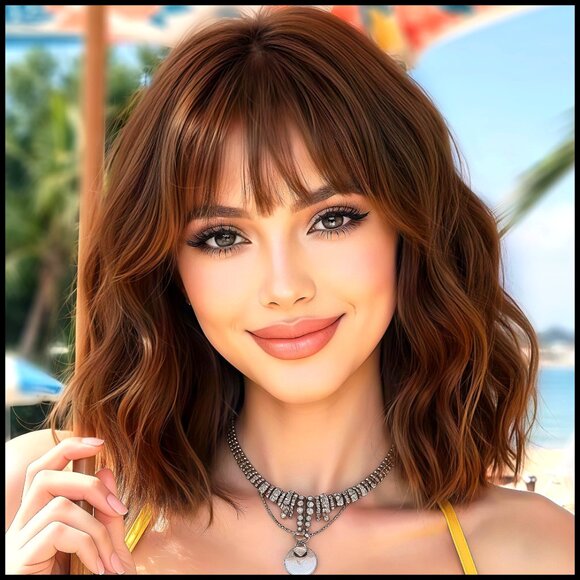 Short Wavy Synthetic Wig with Bangs Shoulder Length Bob Heat Resistant Party main image 6